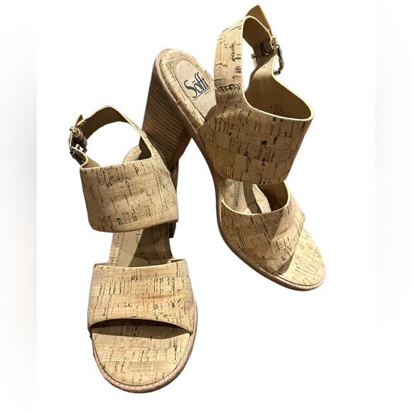 Sofft Pierz Womens Size 9 Tan Cork Chunky Heel High Heels - Picture 2 of 8
